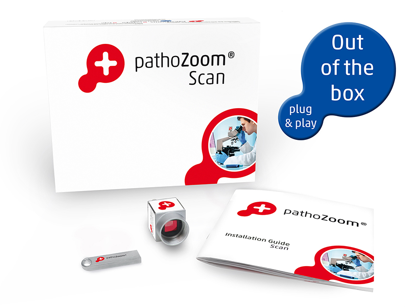 Product box from PathoZoom Scan with camera, USB stick and manual from Smart In Media