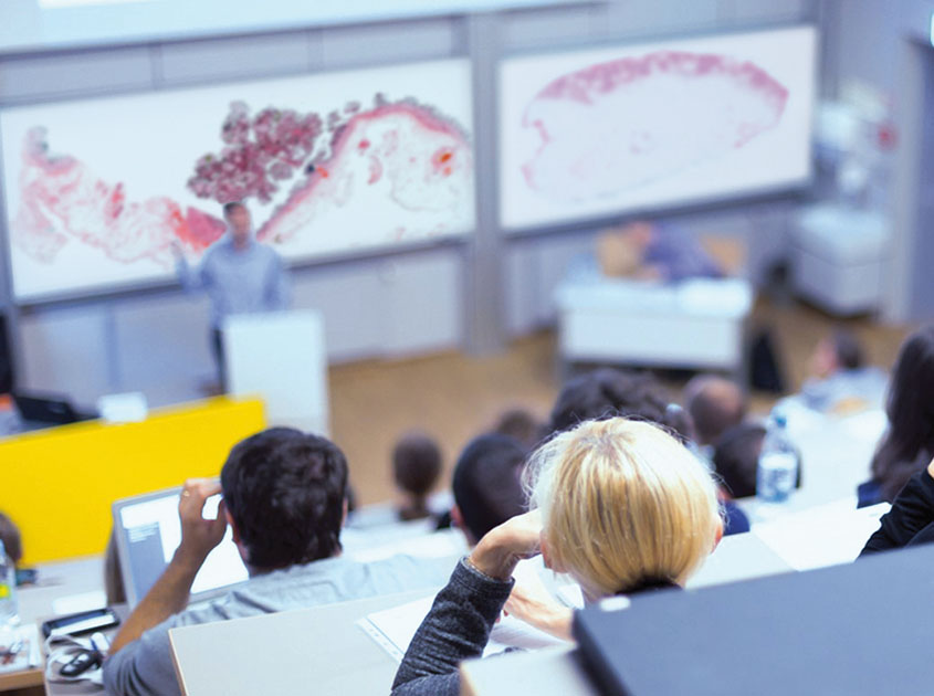 Students in the lecture hall watch a live microscope view with the help of PathoZoom Scan and LiveView