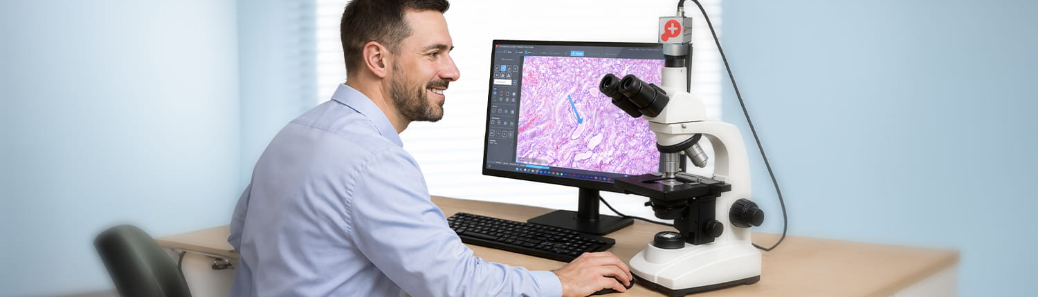 Junger Mann im Hemd mit Mikroskop und Scan & LiveView (KI) CMYK breit